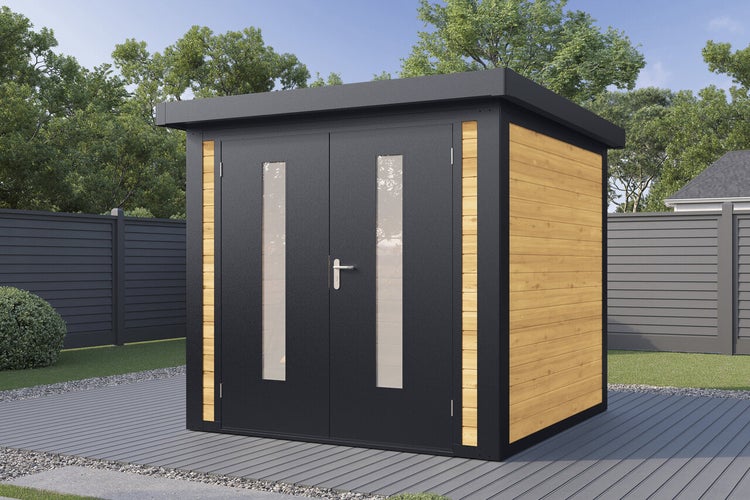 Modernes Gartenhaus mit Flachdach und Doppeltür mit Glaseinsätzen, gefertigt aus Holz und Metall, aufgestellt auf einer Terrasse im Garten.