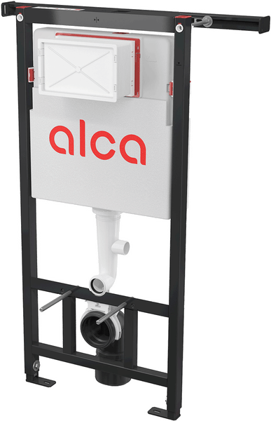 Vorwandelement für Wand-WC von Alca mit Unterputz-Spülkasten und schwarzem Metallrahmen.