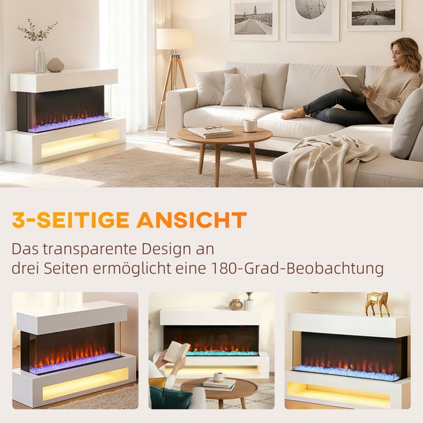 Moderner elektrischer Kamin mit 3-seitiger Glasfront für 180 Grad Sicht in einem hell eingerichteten Wohnzimmer mit Sofa.