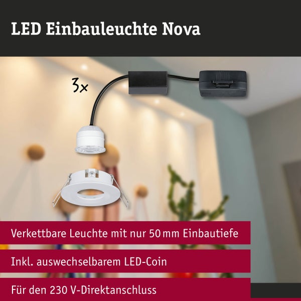 LED Einbauleuchte Nova Set mit auswechselbarem LED-Coin, 50 Millimeter Einbautiefe und 230 Volt Direktanschluss.