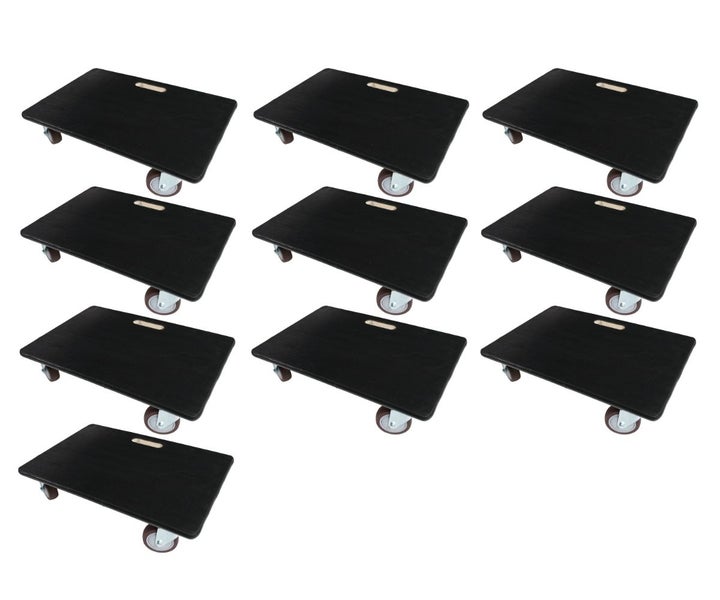 Set mit 10 Rollwagen für den Möbeltransport, jeweils mit rechteckiger Plattform, integriertem Tragegriff und vier Lenkrollen.