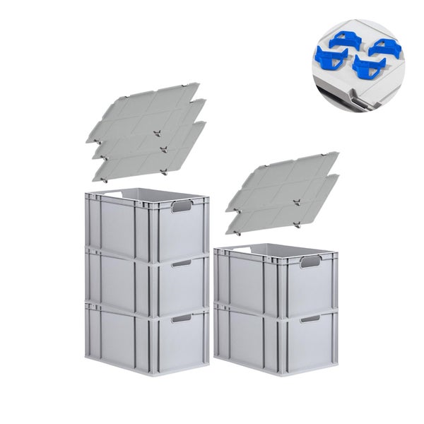 PROREGAL Spar Set 5x Eurobox Nextgen Economy Mit Auflagedeckel & 4x Schiebeschnappverschlüsse Blau Griffe Offen HxBxT 32 x 40 x 60 cm 65 Liter