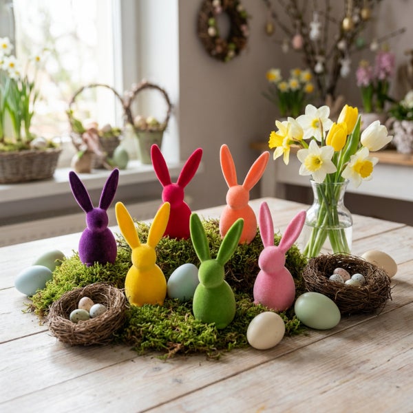 Osterdekoration mit sechs bunten Osterhasen aus Samt, platziert auf einem Moosbett mit Vogelnestern, Ostereiern und einer Blumenvase.