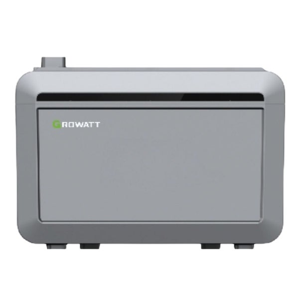 Grauer Growatt Speicher für Photovoltaikanlagen mit Growatt Logo.