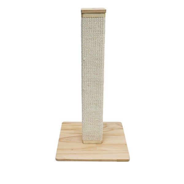Ein Kratzstamm aus Holz mit einer stabilen Bodenplatte und einer mit Sisal umwickelten Kratzsäule für Katzen.