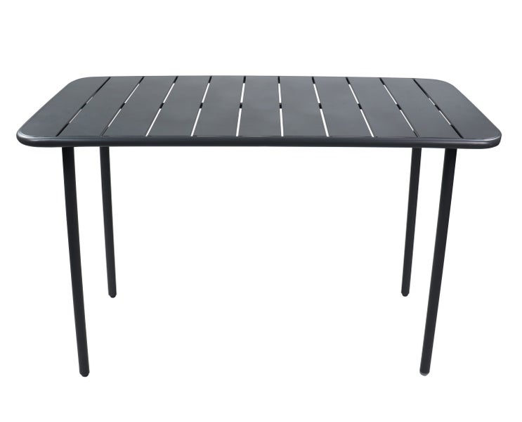 Rechteckiger Gartentisch aus Metall in Anthrazit mit Lattenoberfläche und abgerundeten Ecken.