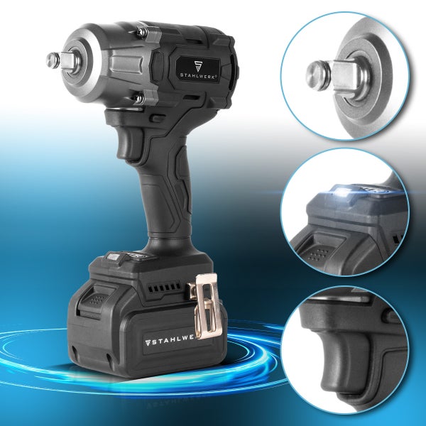 Stahlwerk Akku Schlagschrauber mit Antriebsvierkant, LED Arbeitsleuchte und Gürtelclip