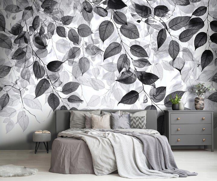Fototapete Blätter Schwarz Weiß Modern Vlies Tapete 300x210 cm