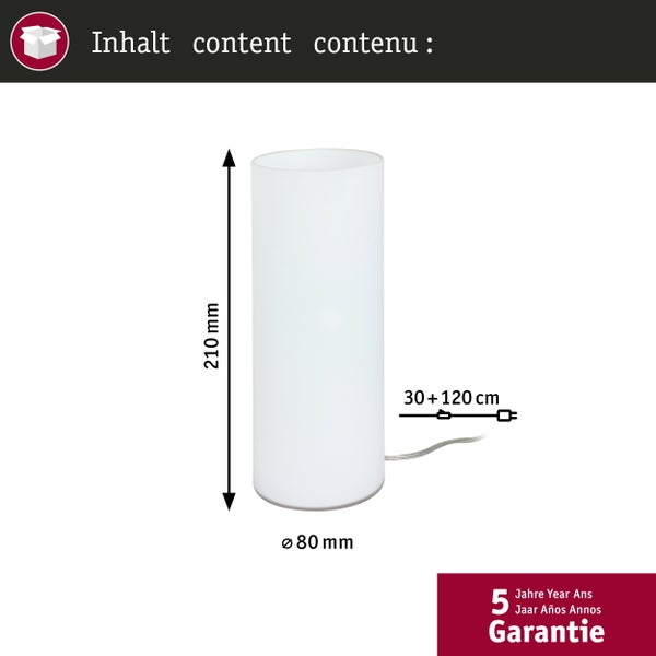 Weiße zylindrische Tischleuchte, Höhe 210 Millimeter, Durchmesser 80 Millimeter, Kabellänge 30 plus 120 Zentimeter, fünf Jahre Garantie.