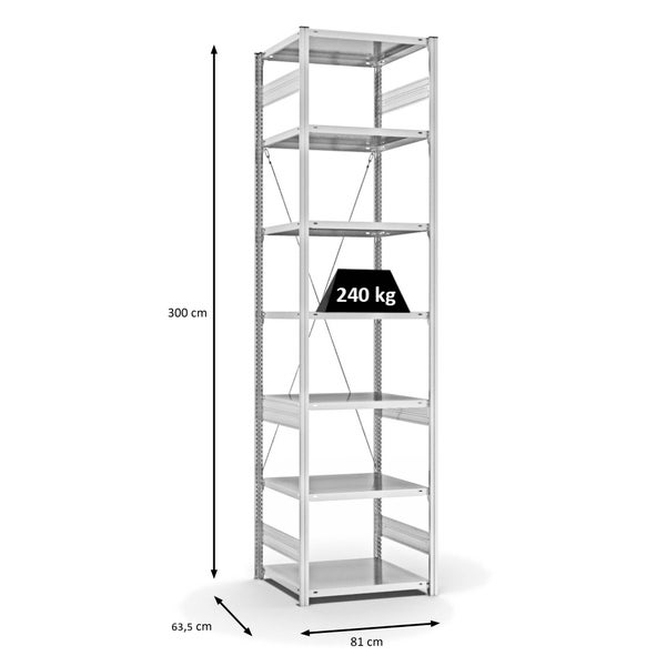 PROREGAL Fachbodenregal Stecksystem T-Profil Medium-Duty Grundregal HxBxT 300 x 75 x 60 cm 7 Ebenen Fachlast 240 kg Einseitig Nutzbar Lichtgrau