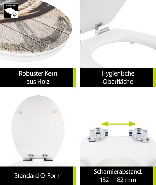 aquaSu® WC-Sitz mit Absenkautomatik, Maritim Motiv Seemannstau, High-Gloss Toilettendeckel mit Holzkern, Fast-Fix, Metallscharnier, Komfort Toilettensitz, Universale Form, Oval, 402934