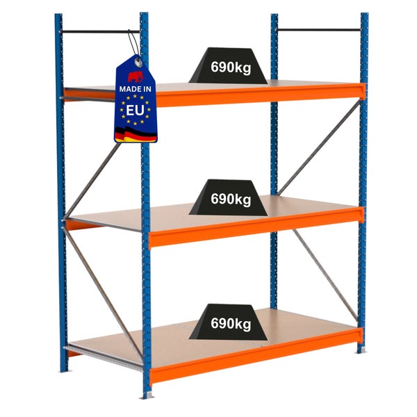 Metallregal mit drei Ebenen und einer Traglast von 690 Kilogramm pro Ebene sowie dem Made in EU Siegel