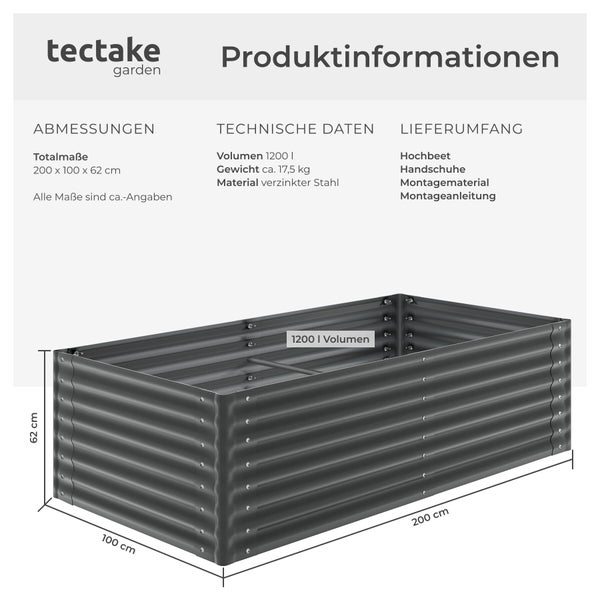 tectake garden Logo. Anthrazitfarbenes Hochbeet aus verzinktem Stahl. 200 mal 100 mal 62 Zentimeter, 1200 Liter, circa 17,5 Kilogramm.