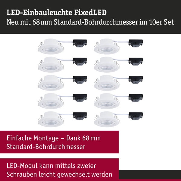 LED-Einbauleuchten FixedLED im Set von 10 mit 68 Millimeter Standard-Bohrdurchmesser und wechselbarem LED-Modul.