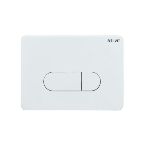 Belvit Betätigungsplatte für die Toilette mit Zwei-Mengen-Spülung und abgerundeten Ecken. Belvit Logo.