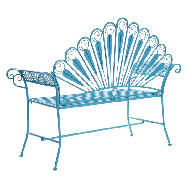 Gartenbank aus Metall mit einer Rückenlehne im Pfauendesign und geschwungenen Armlehnen in Türkis.