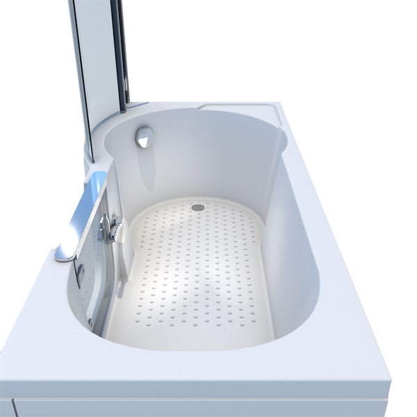 Weiße begehbare Badewanne mit Duschtrennwand aus Glas und integrierter Einstiegstür.