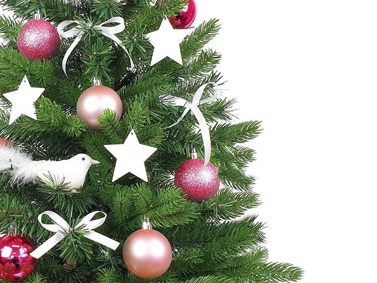 Weihnachtsbaum geschmückt mit Kugeln Sternen und Deko Vogel als weihnachtliche Dekoration