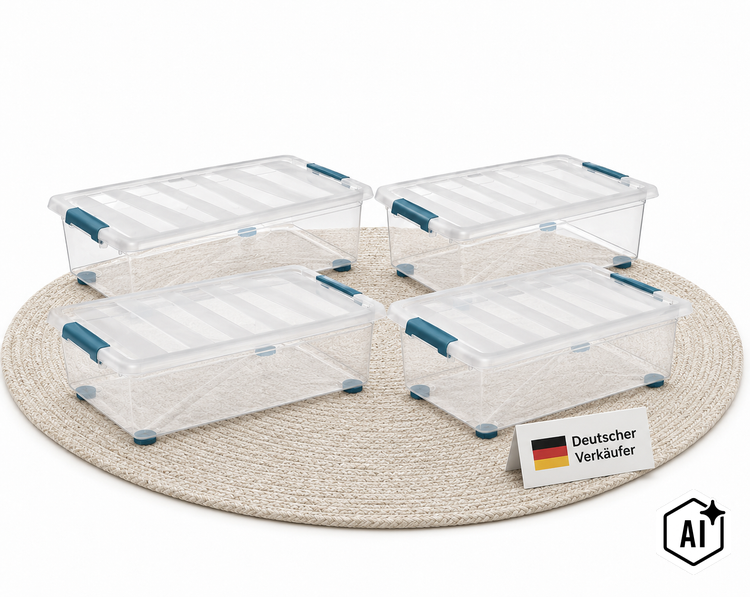 Vier transparente Kunststoffboxen mit Deckel und Schnappverschluss zur Aufbewahrung auf einem runden Textilteppich.