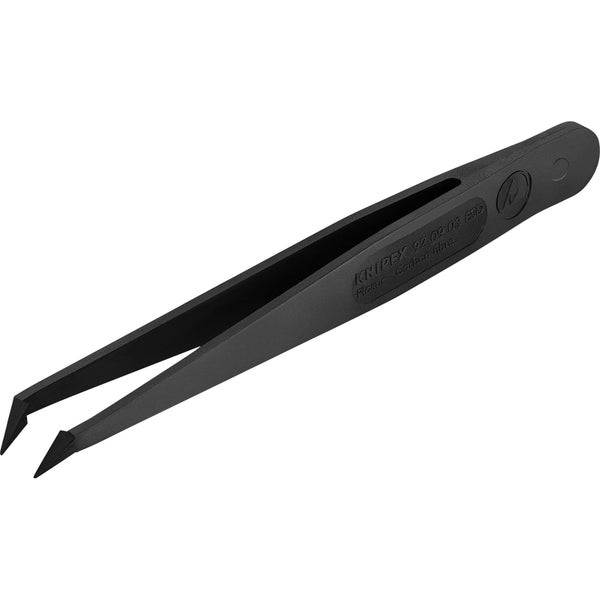 Knipex ESD-Präzisionspinzette aus kohlefaserverstärktem Kunststoff, abgewinkelte Spitzen, schwarz.