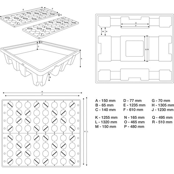 Technische Zeichnung einer Gitterbox mit Abmessungen