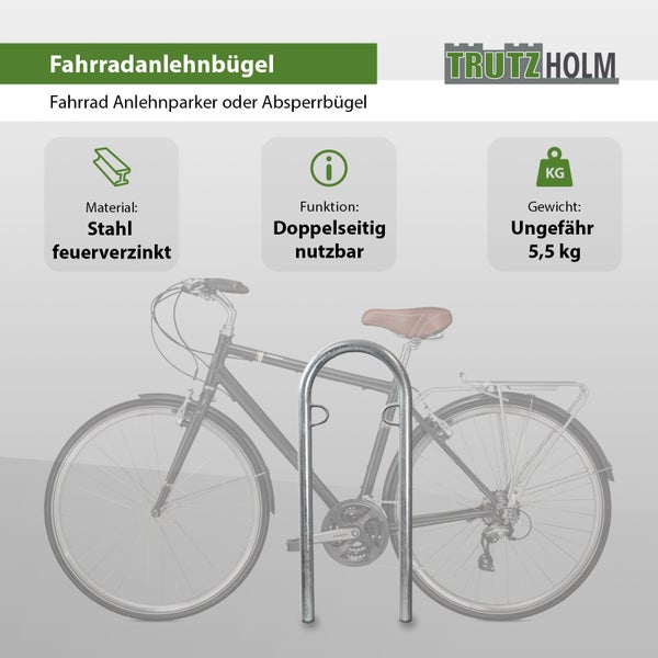 Fahrradanlehnbügel aus feuerverzinktem Stahl für beidseitige Nutzung mit einem Gewicht von circa 5,5 Kilogramm vor einem Fahrrad der Marke Trutzholm.