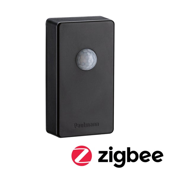 Paulmann Zigbee Bewegungsmelder aus schwarzem Kunststoff mit Infrarot-Sensor, Zigbee Logo.