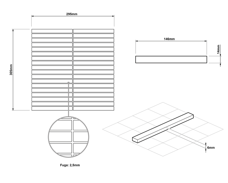 Technische Zeichnung Mosaikfliese: Blatt 305 mal 295 Millimeter, Stein 146 mal 14 Millimeter, Dicke 6 Millimeter, Fuge 2,5 Millimeter.