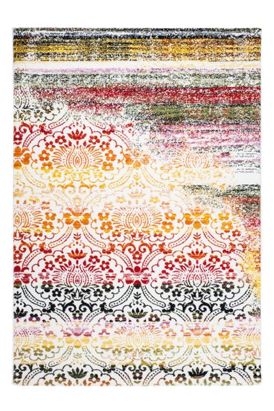 Mehrfarbiger Teppich mit orientalischem Ornamentmuster und Querstreifen im Used-Look.