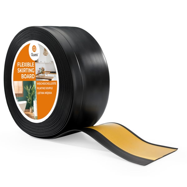 Quest Weichsockelleiste Selbstklebend, Breite Sockelleiste 100 x 25 mm, PVC Knickleiste für Wand, Boden, Flexibel, Schwarz, 1 Meter