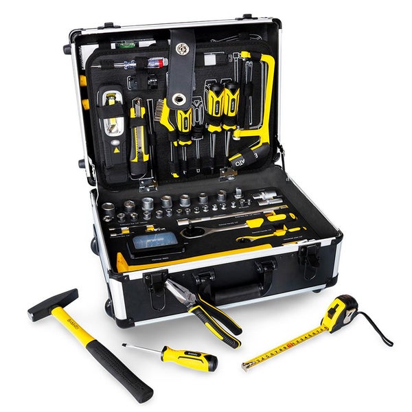 Werkzeugkoffer mit Hammer, Schraubendreher, Zange und Maßband