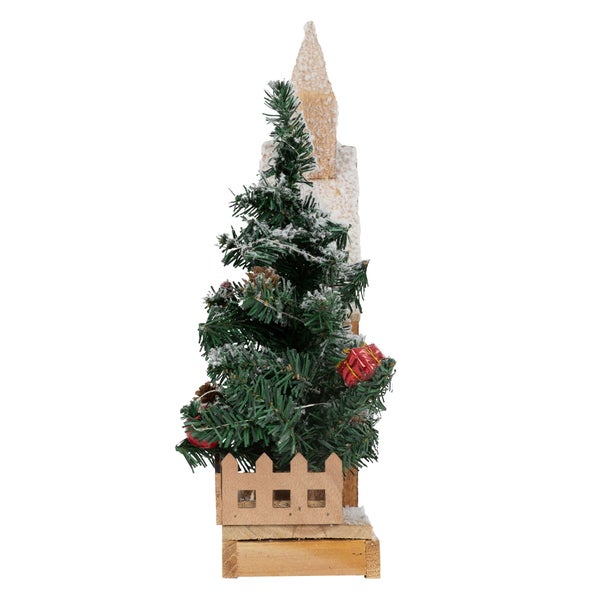 ECD Germany Dekorative Holz-Weihnachtshaus mit LED-Beleuchtung, Warmweiß, 27x11x44 cm, batteriebetrieben, Timer, Deko Holzhaus & Tanne, Winterhaus beschneit, Weihnachtsdeko Innen, Weihnachtsdekoration