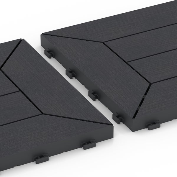 Klickfliese aus Holz-Kunststoff-Verbundwerkstoff in Anthrazit mit Holzmaserung und Klicksystem für die Terrasse.