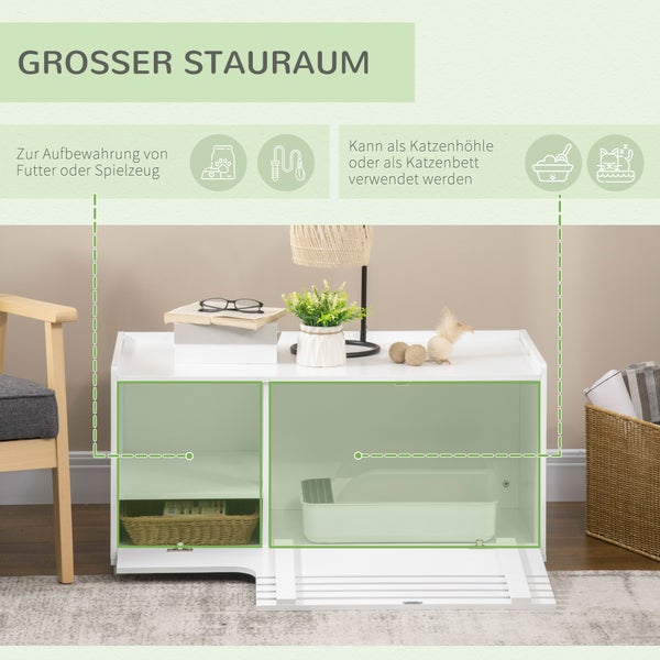 PawHut Katzenschrank für Katzentoilette Katzenklo Katzenhaus mit Magnettür Katzenkommode Katzenhöhle Beistelltisch Aufbewahrungsschrank erhöhtes Design Weiß 90 x 48 x 42,5 cm