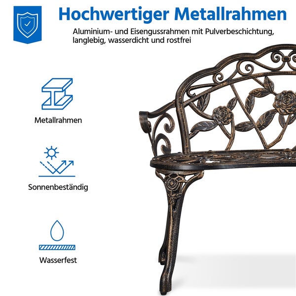 Detailansicht einer Gartenbank mit Metallrahmen