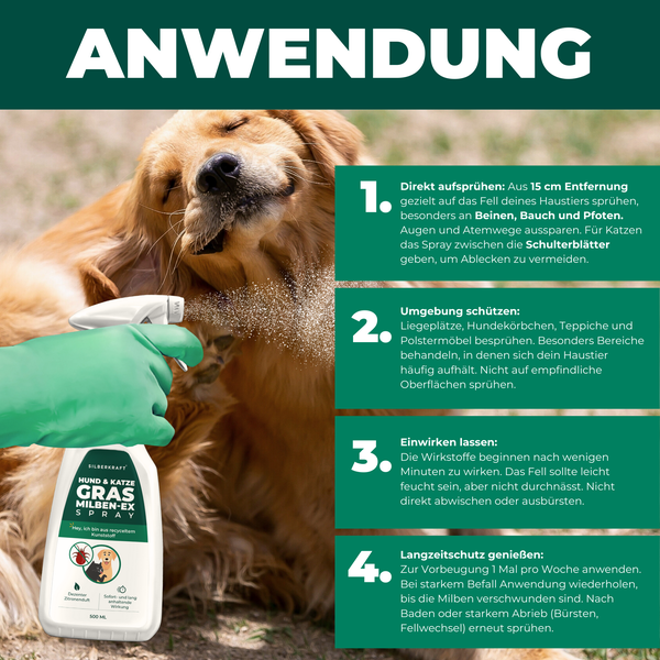 Silberkraft Grasmilben-Ex Spray für Hunde & Katzen 500 ml, effektiver Schutz gegen Gras-Milben, Parasiten & Ungeziefer, lindert Juckreiz, für Fell, Liegeplätze & Umgebung