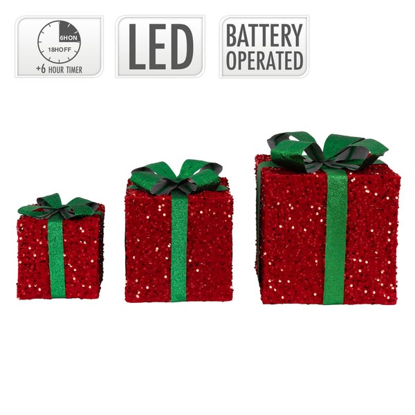 ECD Germany 3er Set LED Geschenkboxen Weihnachten mit Schleifen, Rot-Grün, Warmweiß, batteriebetrieben, mit Timer, Weihnachtsdeko Geschenk Beleuchtet Weihnachtsbaum Dekoration Weihnachtsgeschenkbox