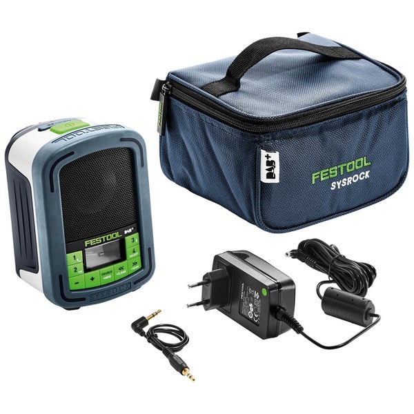 Festool Bauradio SysRock Digitalradio Set bestehend aus Radio, Transporttasche, Netzteil und Audio-Kabel.