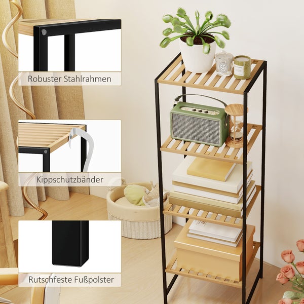 Standregal mit 5 Ablagen aus Holzlamellen und schwarzem Stahlrahmen, inklusive Kippschutzbändern und rutschfesten Fußpolstern.