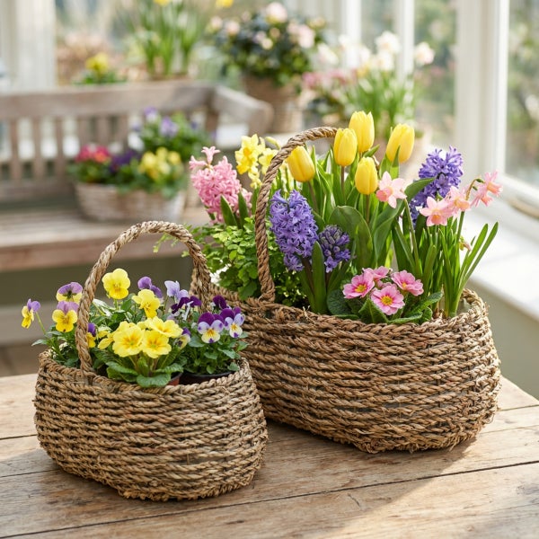 Zwei geflochtene Naturfaserkoerbe mit Fruehlingsblumen wie Tulpen, Hyazinthen und Stiefmuetterchen auf einem Holztisch in einem Gewaechshaus.