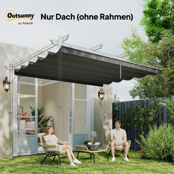 Outsunny Ersatzdach für Pergola in Grau ohne Rahmen. Personen sitzen im Garten unter dem ausziehbaren Stoffdach. Outsunny Logo.