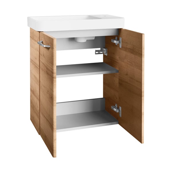 FACKELMANN MILANO Gäste-WC Set, 55 cm Breite, Korpus & Front Braun hell, Badschrank mit Soft-Close-System, Waschbecken + Waschbeckenunterschrank inkl. 2 Schubladen