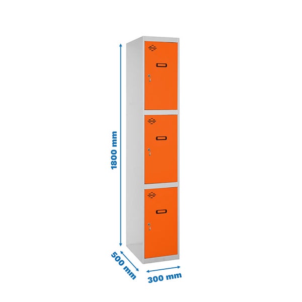 Stahlschrank mit drei Fächern und Maßangaben