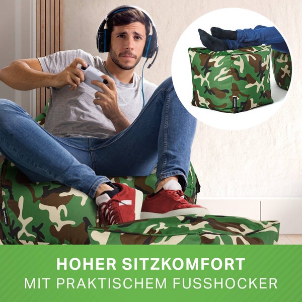 Green Bean 2er Set Sitzsack + Hocker - fertig befüllt - robust waschbar schmutzabweisend - Kinder & Erwachsene Bean Bag Bodenkissen Sitzhocker Relax-Sessel Gamer Gamingstuhl Pouf - Camouflage Grün
