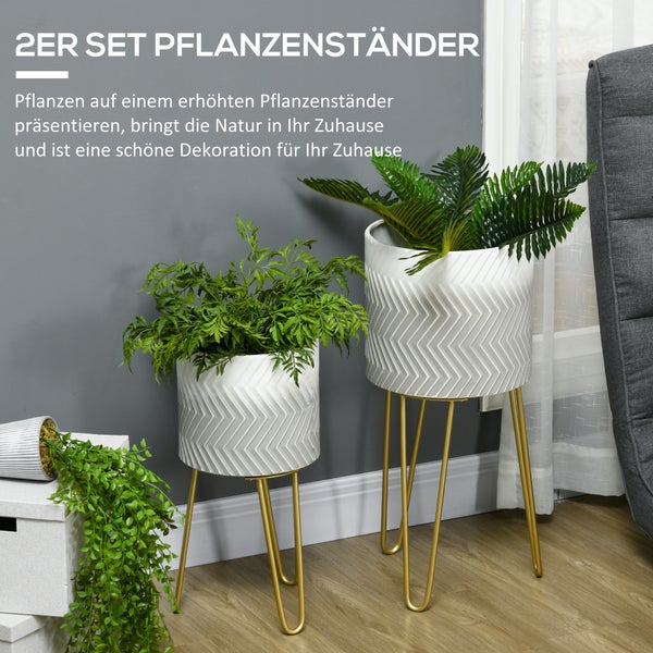 Zweiteiliges Pflanzenständer Set mit Pflanzen in dekorativen Töpfen.