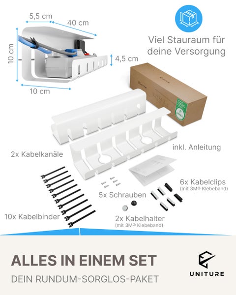 UNITURE Kabelmanagement-Set: 2 weiße Kabelkanäle 40 Zentimeter, 10 Kabelbinder, 5 Schrauben, Kabelhalter und Clips mit 3M Klebeband und Anleitung.