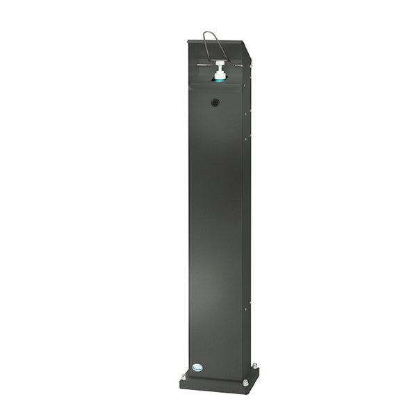 Freistehende Desinfektionssäule aus Metall in Anthrazit mit integriertem Pumpspender für Händedesinfektionsmittel zur Bodenmontage.