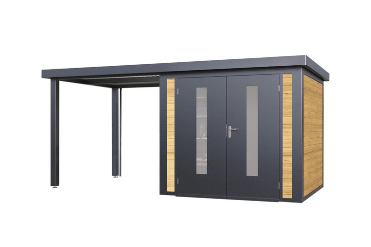 Gartenhaus mit integriertem Carport aus Metall und Holz mit Doppeltür und Glaseinsätzen für den Außenbereich
