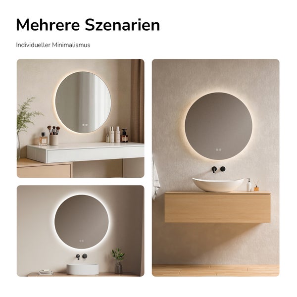 Runder beleuchteter Badezimmerspiegel in verschiedenen minimalistischen Wohnszenarien wie Badezimmer mit Waschbecken und Schminktisch.