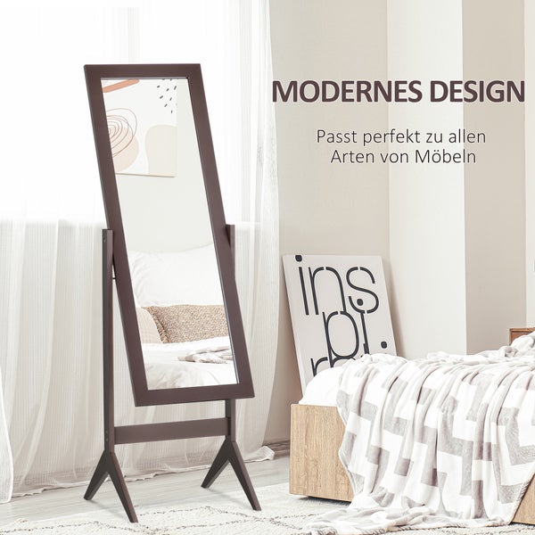 HOMCOM Standspiegel Ganzkörperspiegel Schminkspiegel Erhöhte Füße Pflegeleicht MDF Kaffee 47 x 46 x 148 cm
